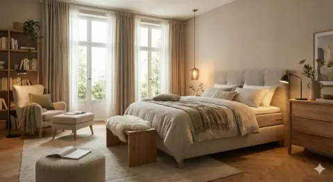 KI-Visualisierung eines Schlafzimmers mit Boxspringbett